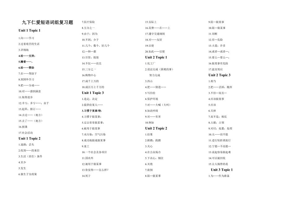 仁爱版九年级英语下册短语词组复习题（汉语版专供默写用）_第1页