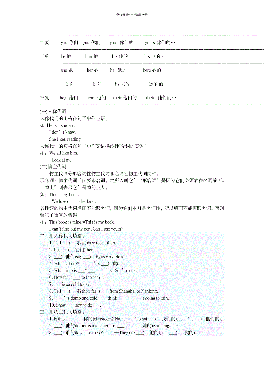 2023年be动词人称和物主代词名词单复及所有格的知识和练习1_第2页