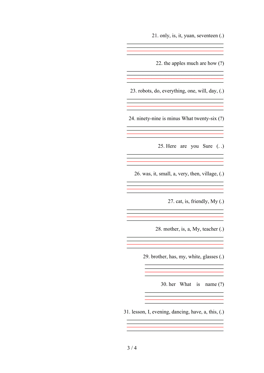 沪教版2022年四年级英语下学期连词成句全能专项练习_第3页