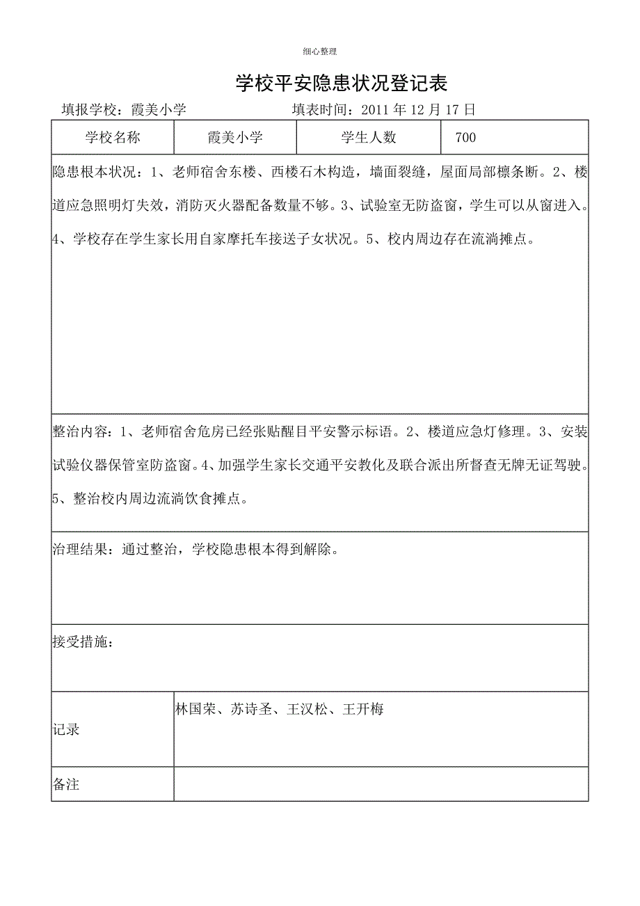 学校安全隐患情况登记表 (2)_第1页