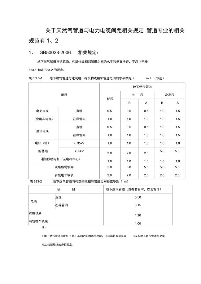 有关天然气管道与电力电缆间距相关规定(个人整理使用仅供参考)
