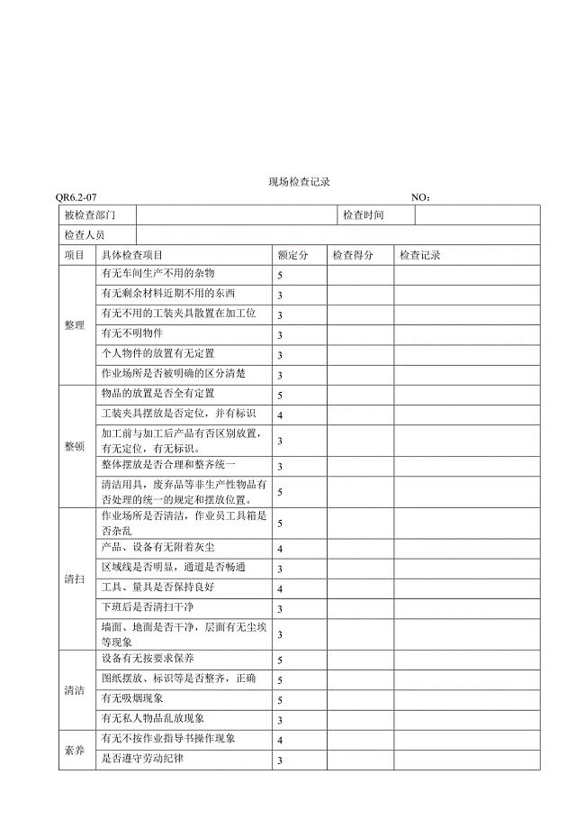工厂5s现场检查记录表