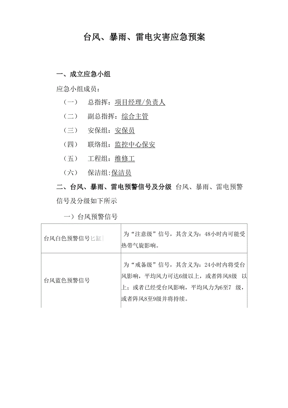 小区物业管理台风、暴雨、雷电灾害应急预案_第1页