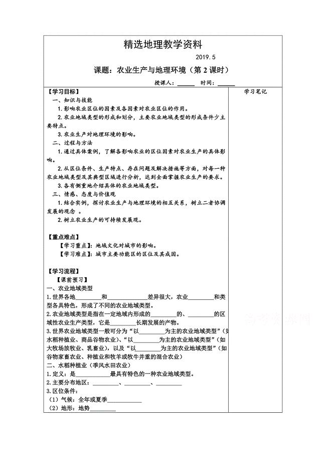 【精选】江苏省滨海县八滩中学高中地理必修二 学案 3.1农业生产与地理环境2