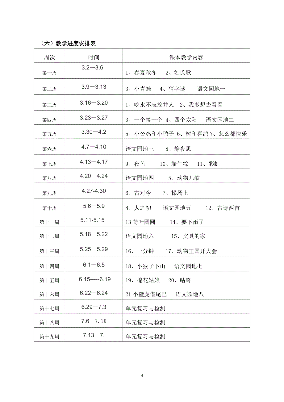 2020部编版一年级下册语文教学计划及进度表_第4页