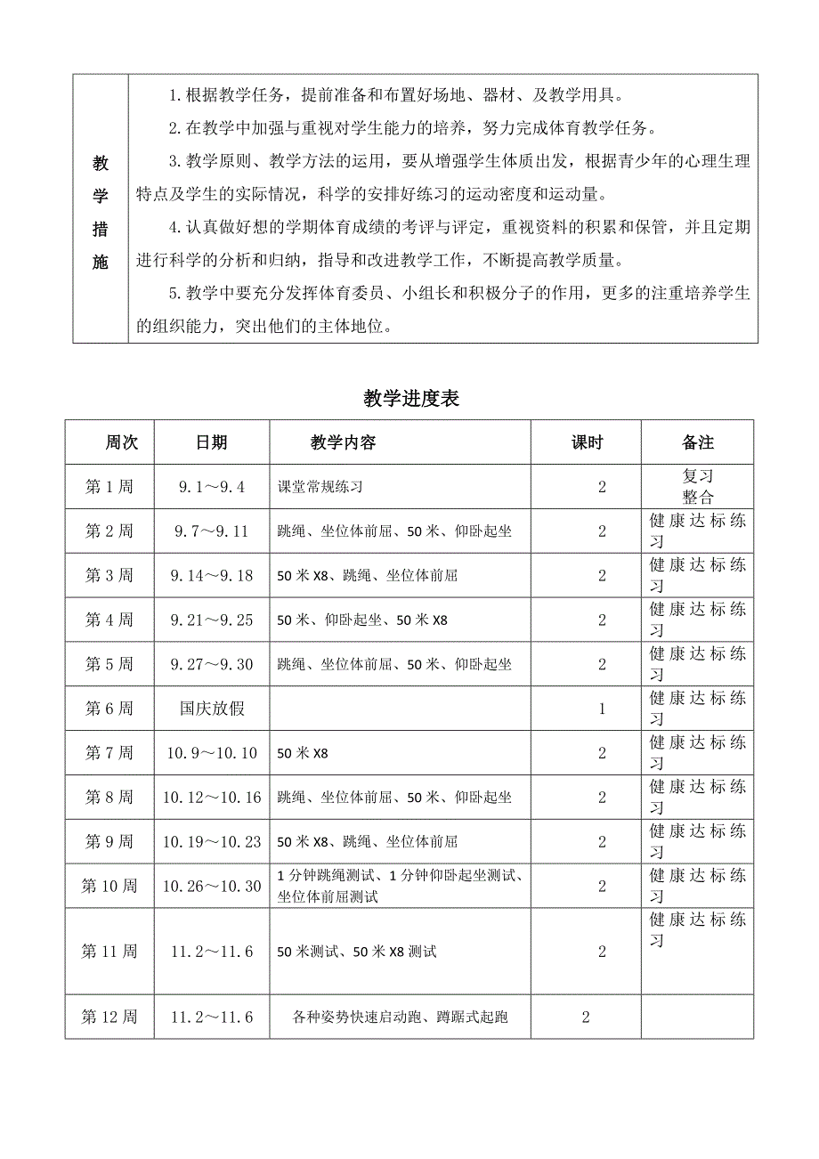 2021~2022学年第一学期《六年级体育上册》教学计划及进度_第3页