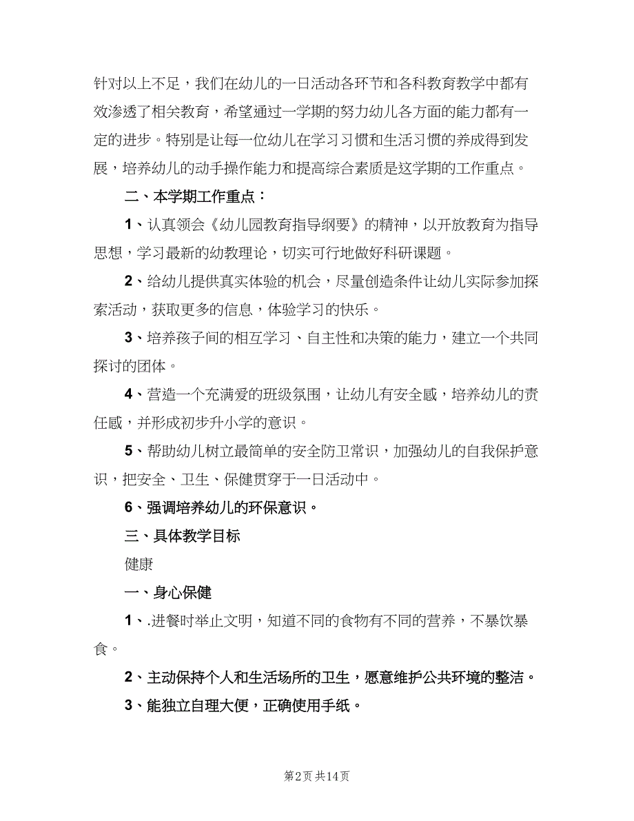 2023幼儿园大班教师教学工作计划范本（3篇）.doc_第2页