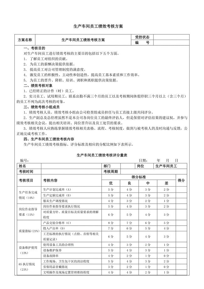 生产车间工人绩效考核方案