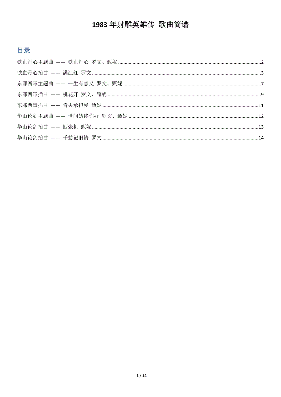 1983年射雕英雄传全部歌曲简谱_第1页