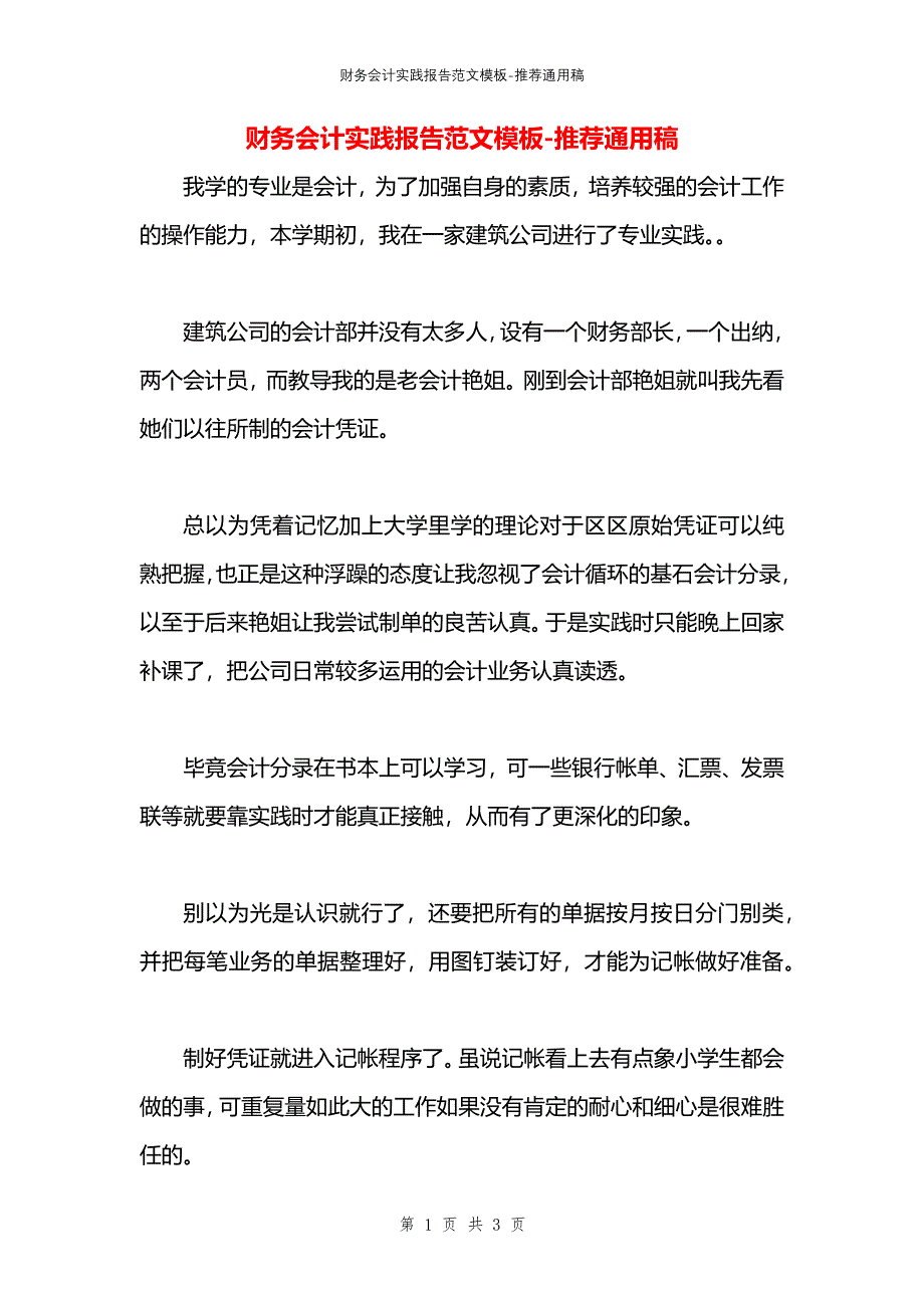 财务会计实践报告范文模板_第1页