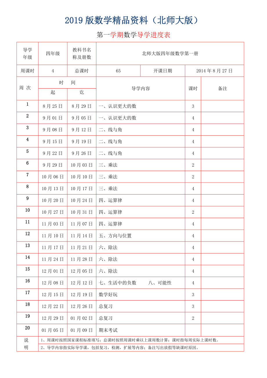 北师大版教材四年级数学上册：全册导学案94页_第1页