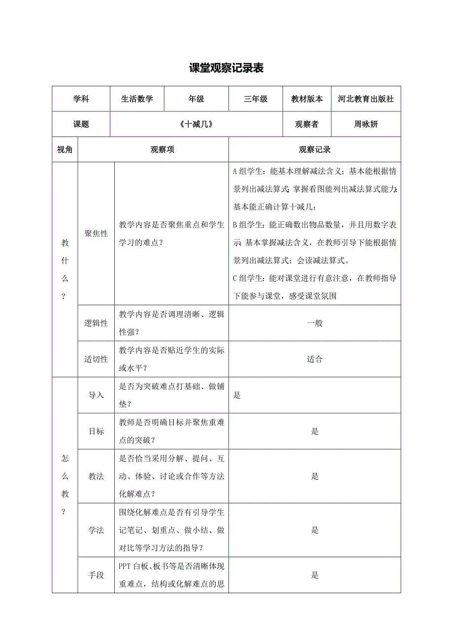 课堂观察记录表单(周咏妍）.docx_第1页