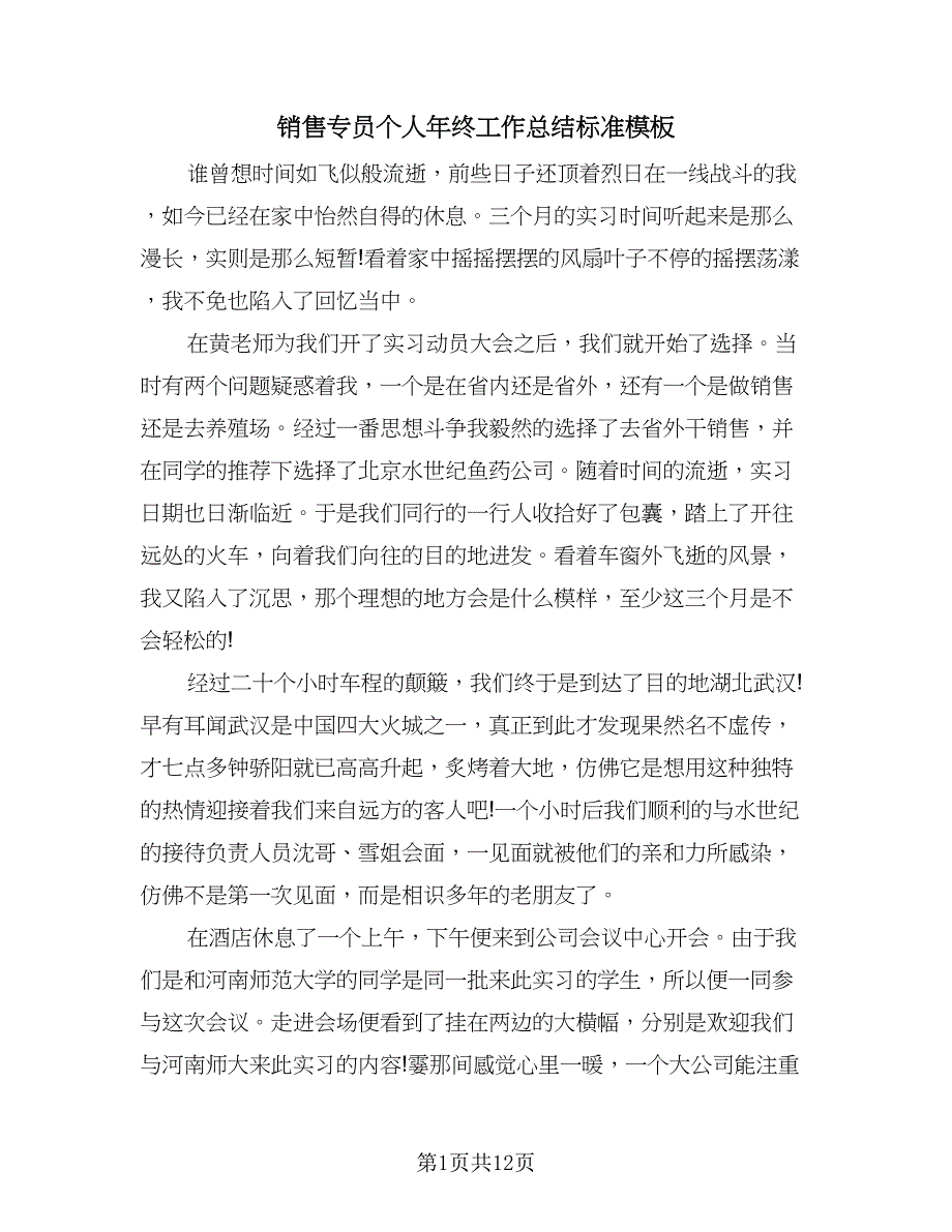 销售专员个人年终工作总结标准模板（三篇）.doc_第1页