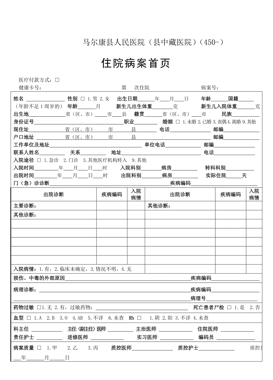 完整word版-住院病案首页模板(1)_第1页