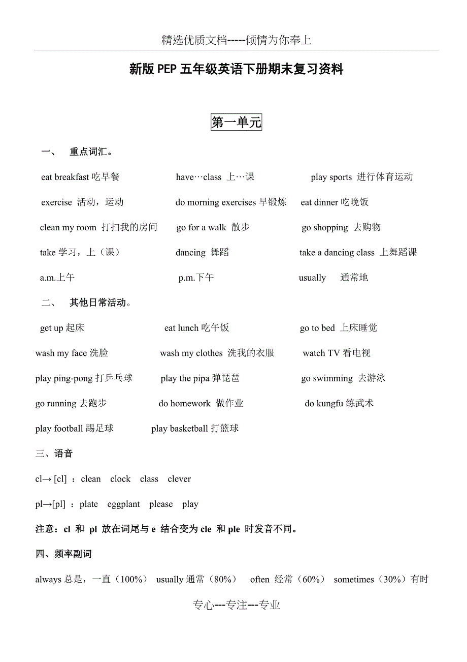 新版PEP五年级英语下册期中复习资料(共6页)_第1页