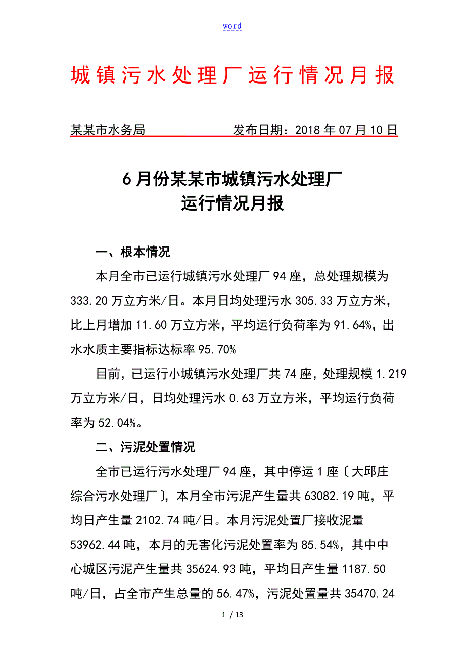 城镇污水处理厂运行情况月报_第1页