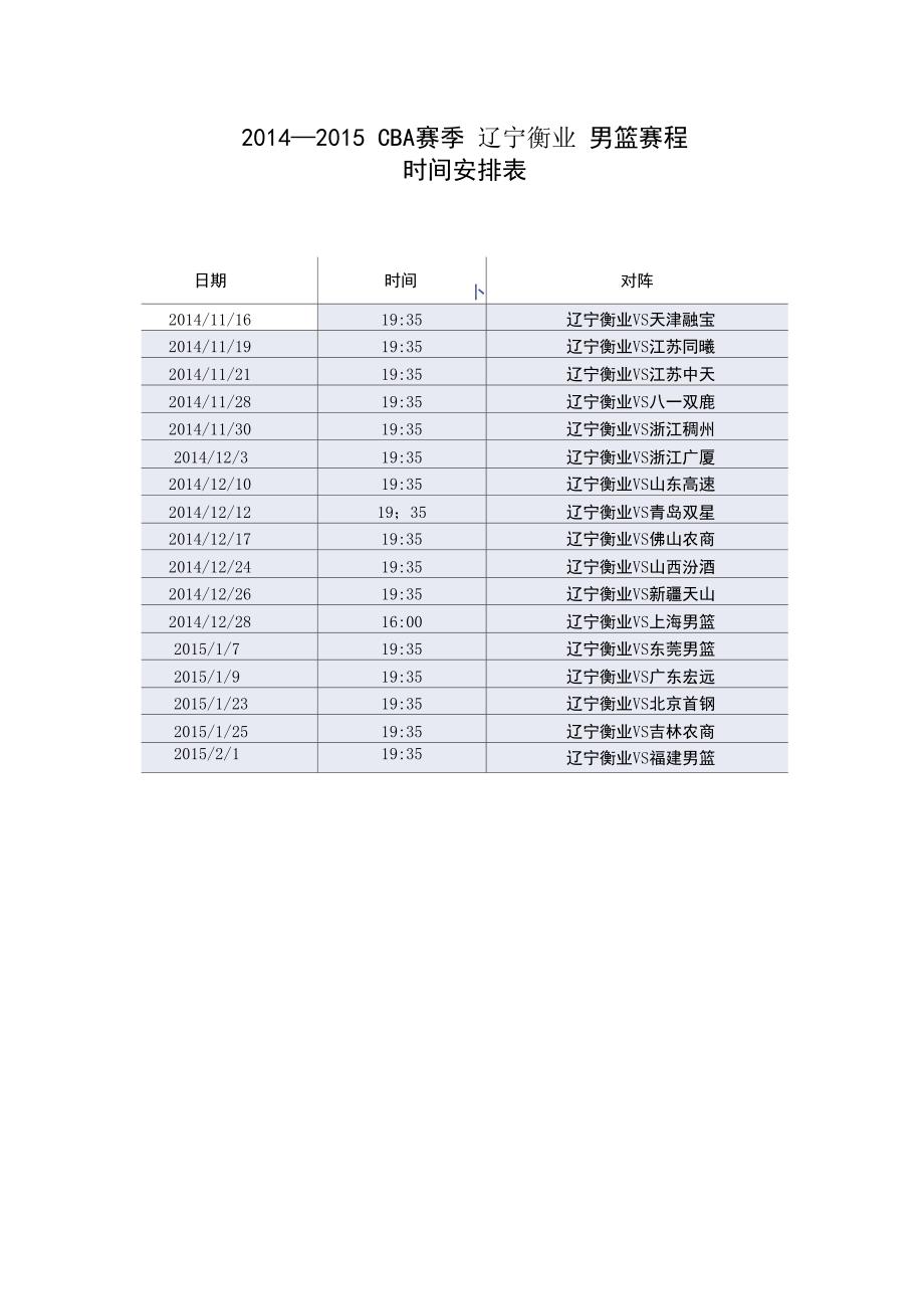 2014-2015赛季CBA赛程 辽宁衡业 赛程时间表_第1页