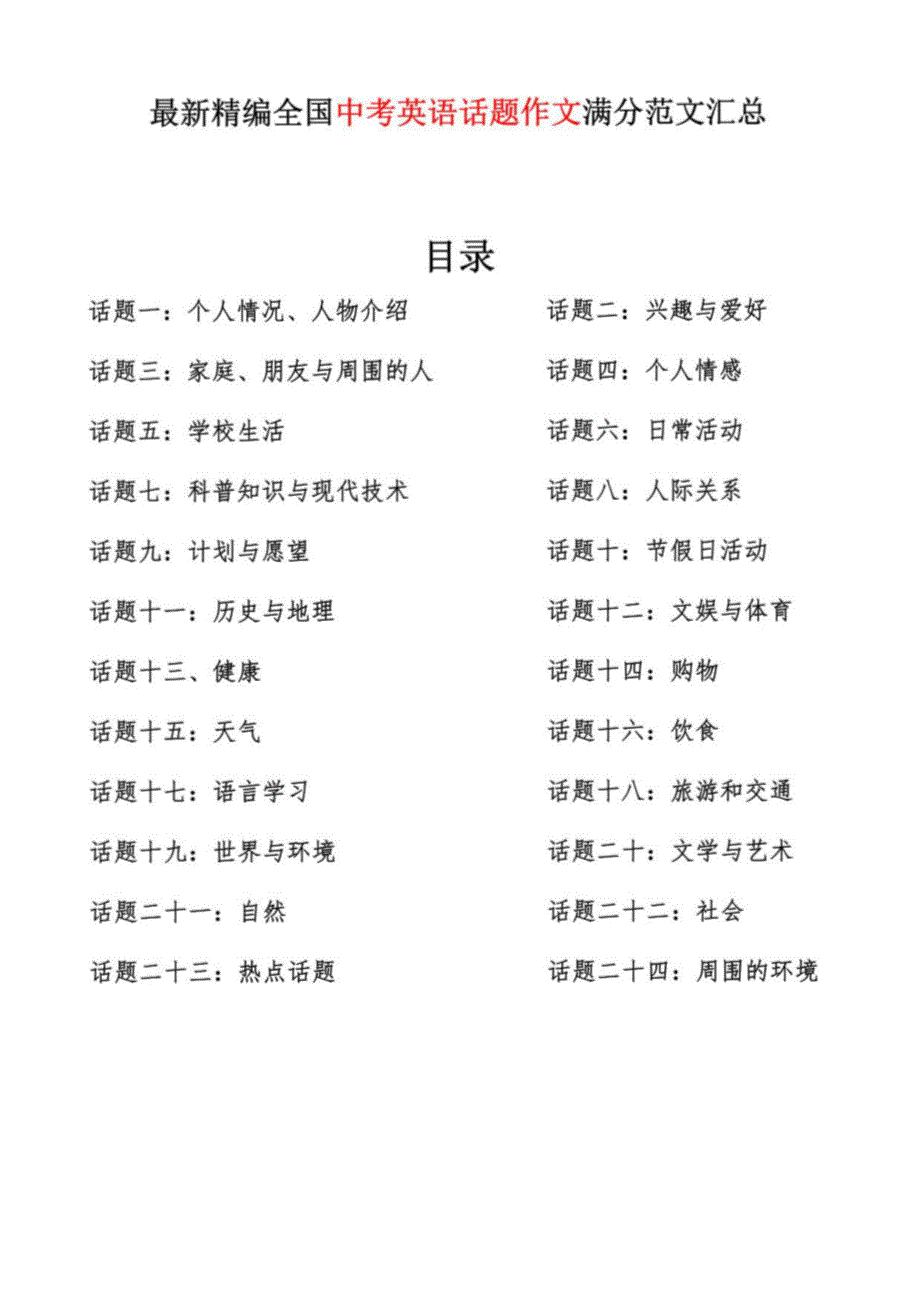 中考英语总复习必备：中考英语话题作文满分范文汇总（共计24个话题）_第1页
