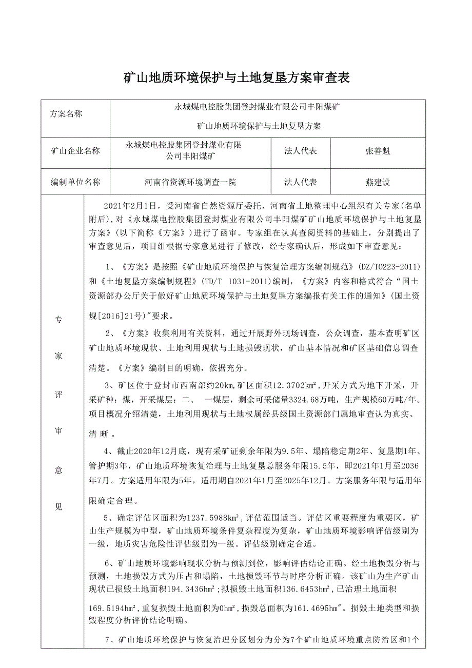 永城煤电控股集团登封煤业有限公司丰阳煤矿矿山地质环境保护与土地复垦方案专家审查意见.docx_第1页