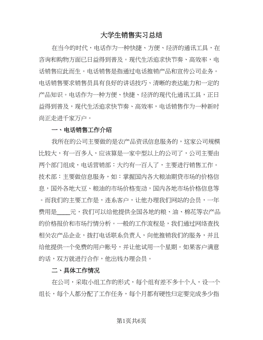 大学生销售实习总结（2篇）.doc_第1页