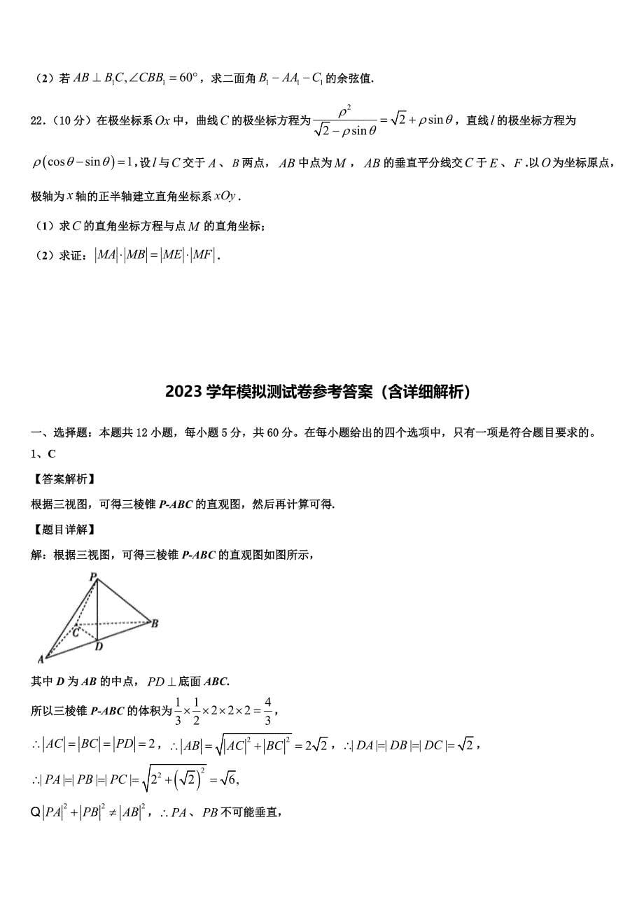 湖南省郴州市一中2023学年高三第二次诊断性检测数学试卷（含解析）.doc_第5页