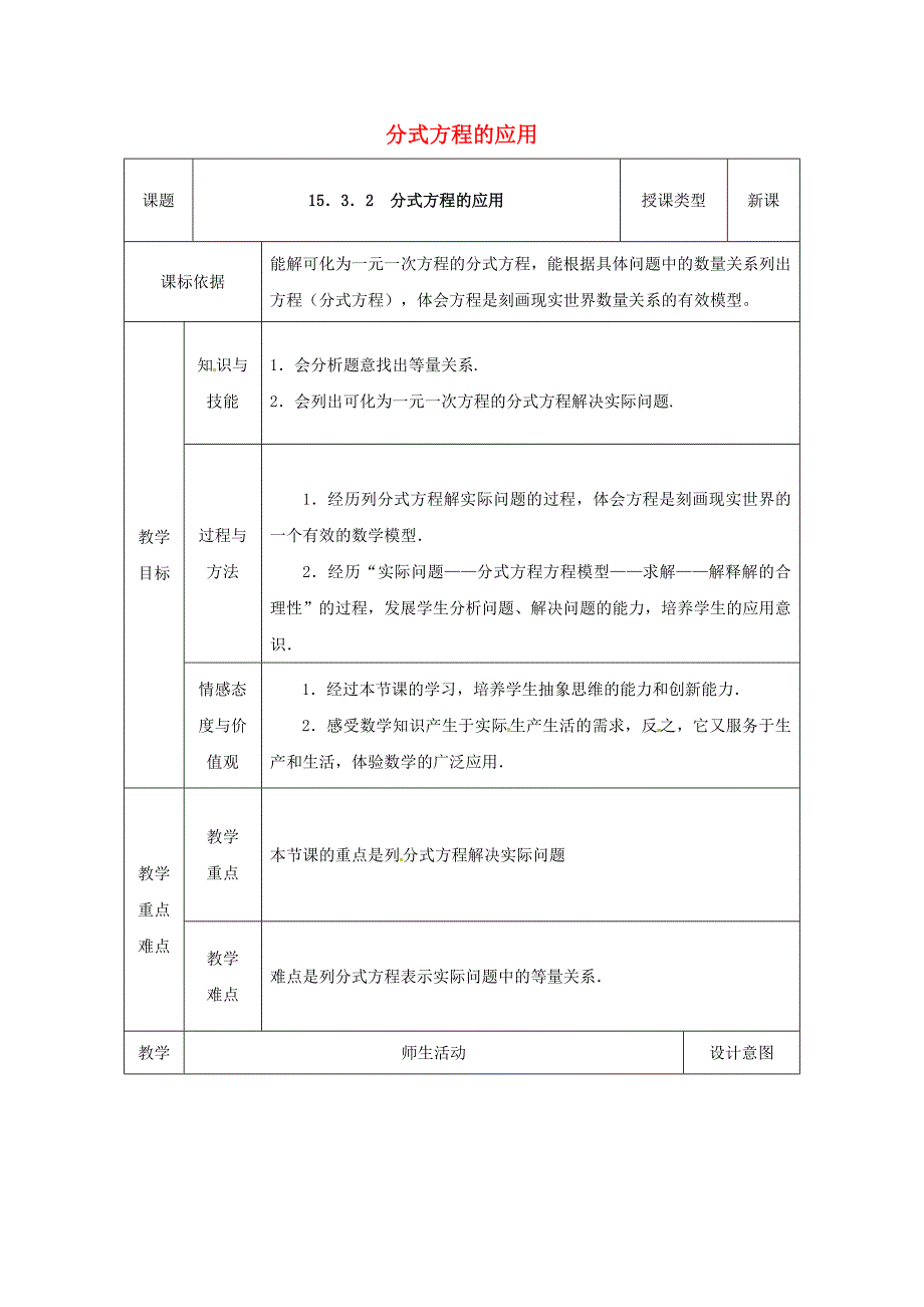 八年级数学上册 15.3 分式方程 15.3.2 分式方程的应用教案 （新版）新人教版_第1页