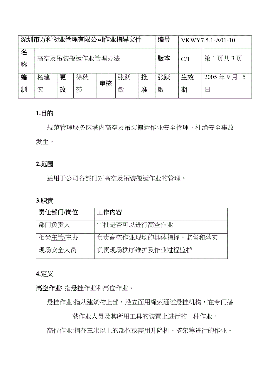 7.5.1-A01-10高空及吊装搬运作业管理办法._第1页