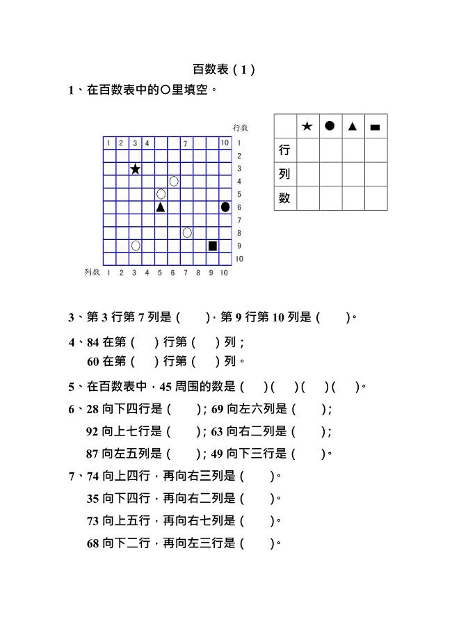 一年级数学百数表练习(最新整理)