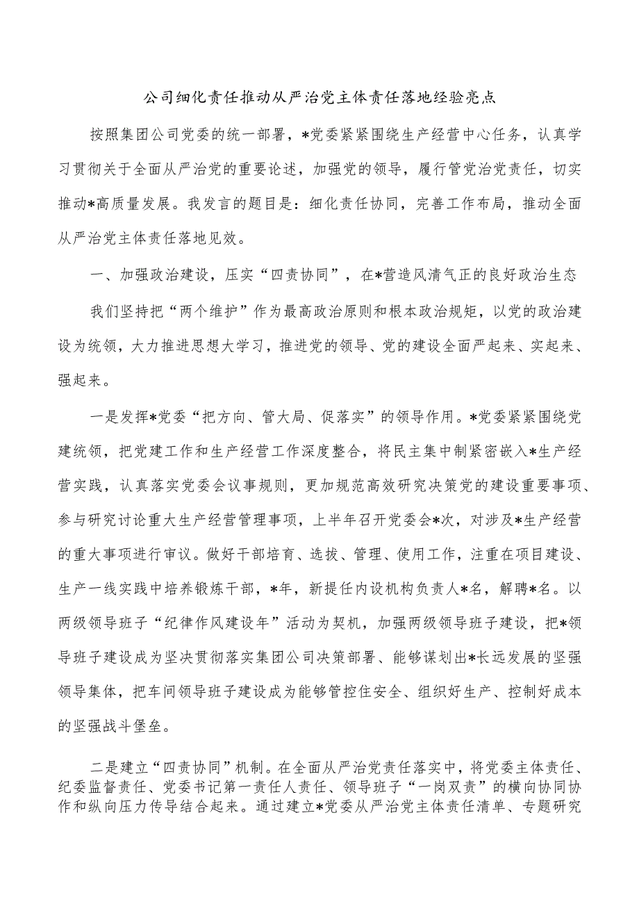 公司细化责任推动从严治党主体责任落地经验亮点_第1页