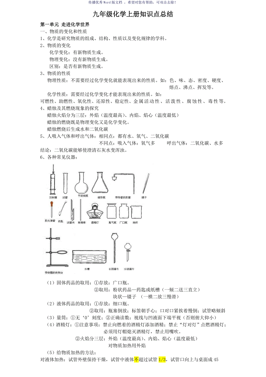 人教版初三化学上册知识点总结Word版_第1页