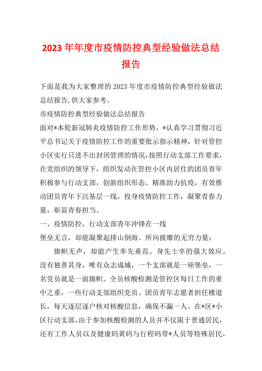 2023年年度市疫情防控典型经验做法总结报告_第1页