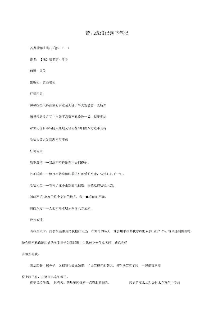 苦儿流浪记读书笔记_第1页