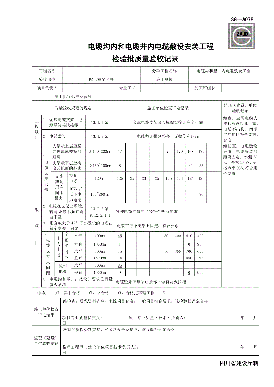 SG-A078电缆沟内和电缆井内电缆敷设安装工程检验批质量验收记录_第1页