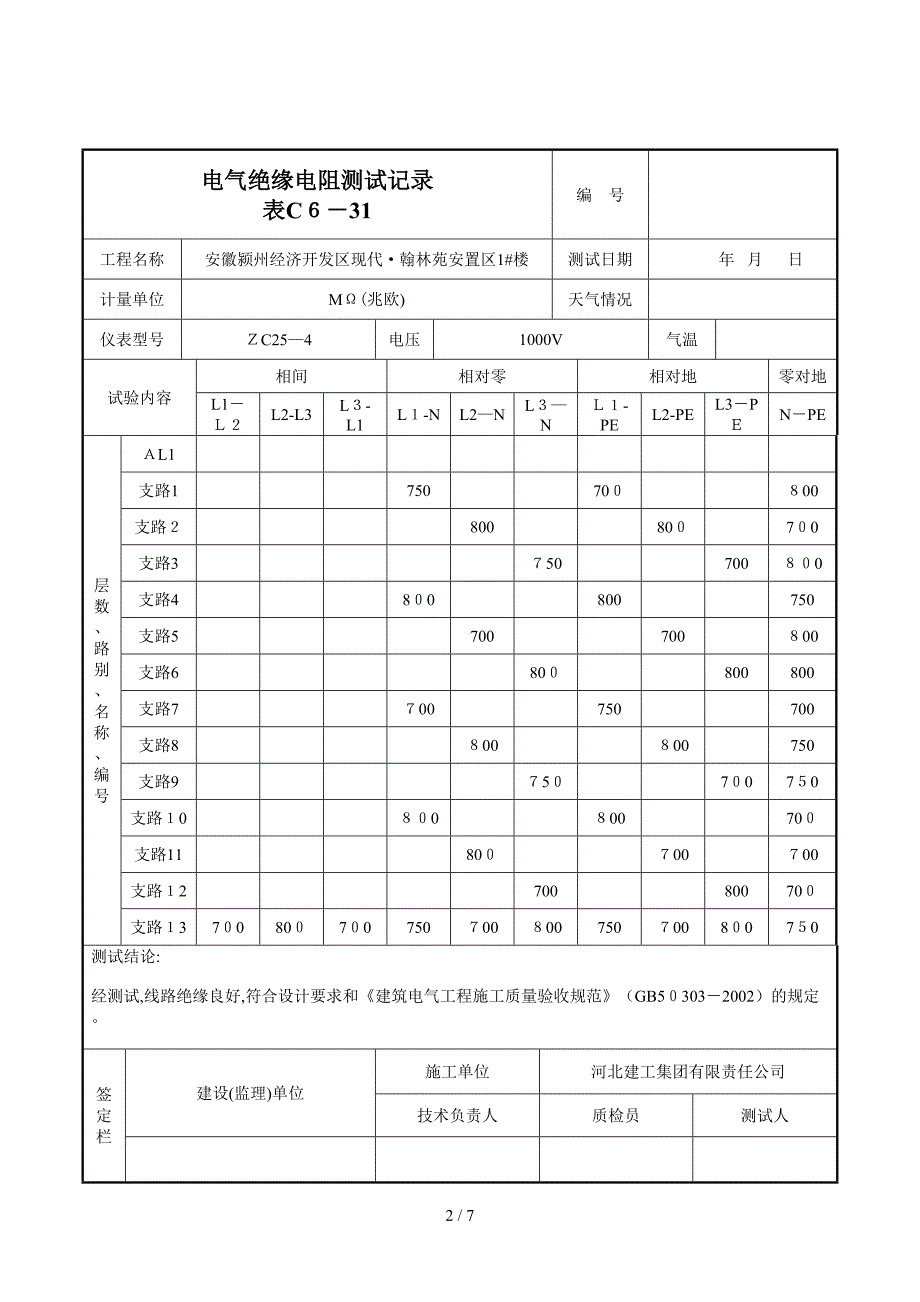 1#楼电气绝缘电阻测试记录_第2页