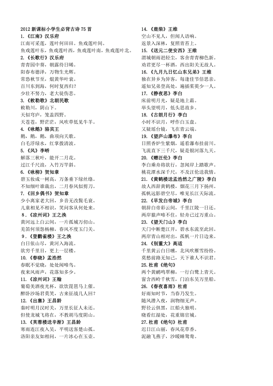 小学生必背古诗75首---方便打印版.doc_第1页