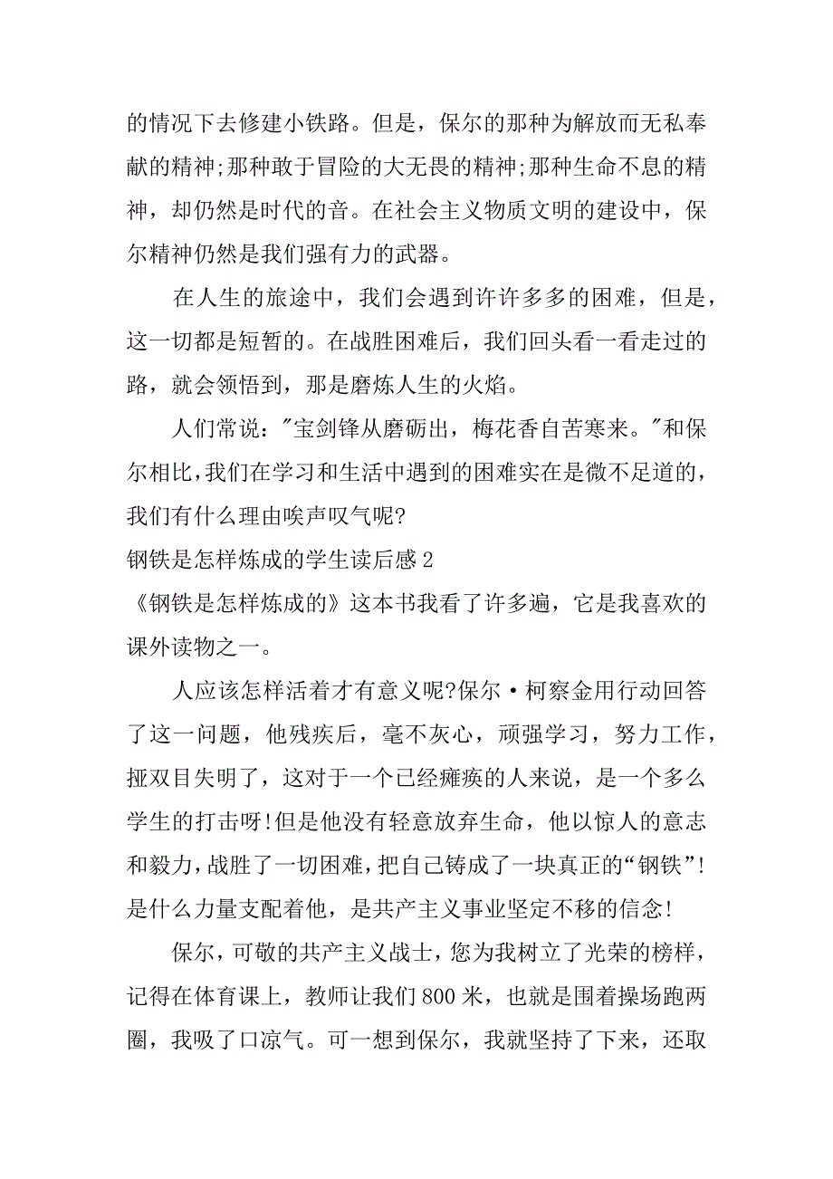 钢铁是怎样炼成的学生读后感3篇《钢铁是怎样炼成的读后感》_第2页