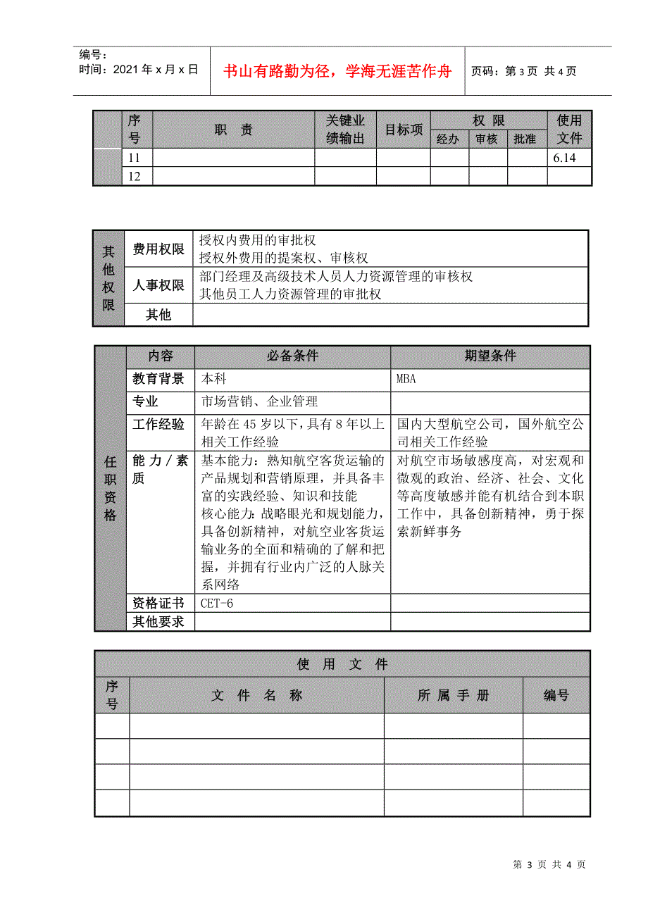 某航空物流公司市场运输副总经理职位说明书及关键绩效标准_第3页