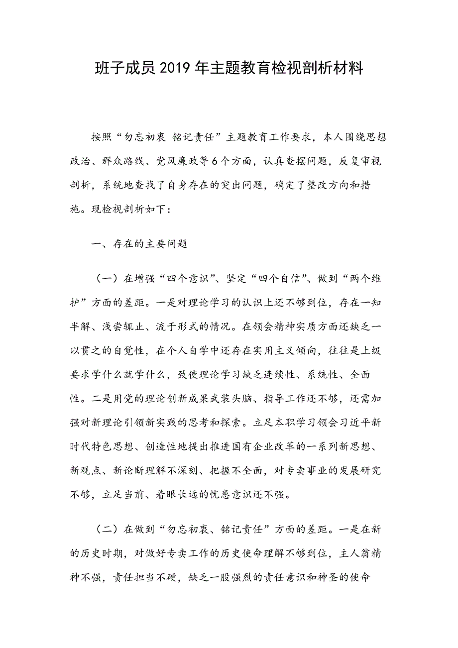 班子成员2019年主题教育检视剖析材料_第1页