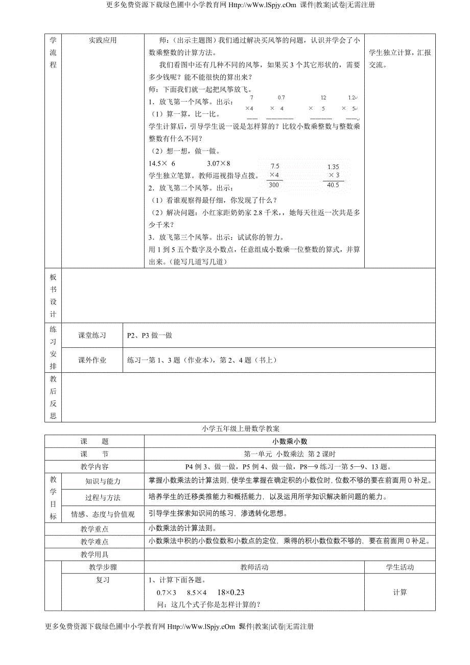 新课标人教版小学五年级上册数学全册表格式教案_第5页