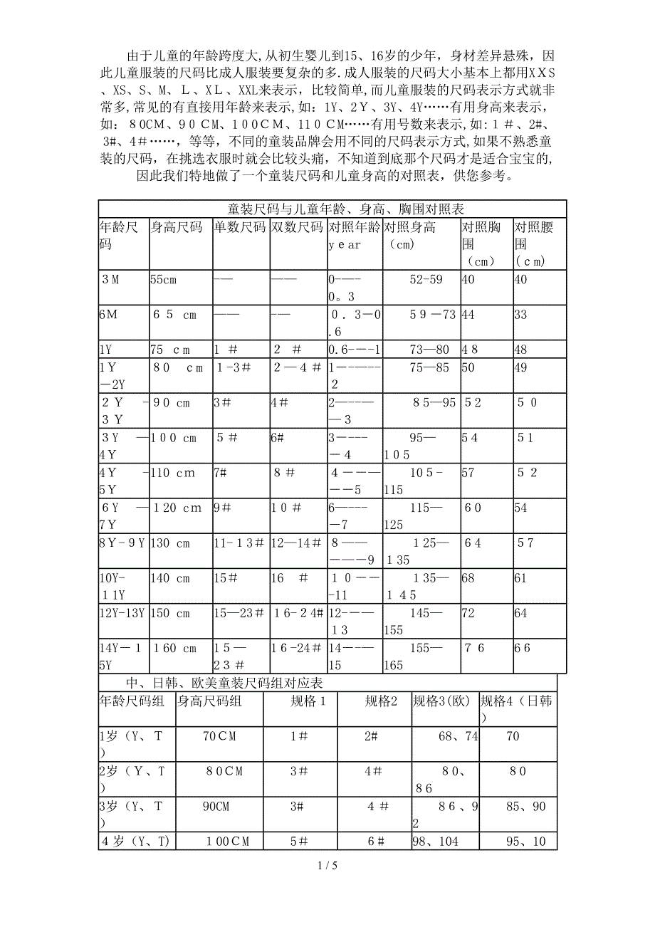 婴儿儿童服装尺码、身高、衣长对照表及计算表_第1页