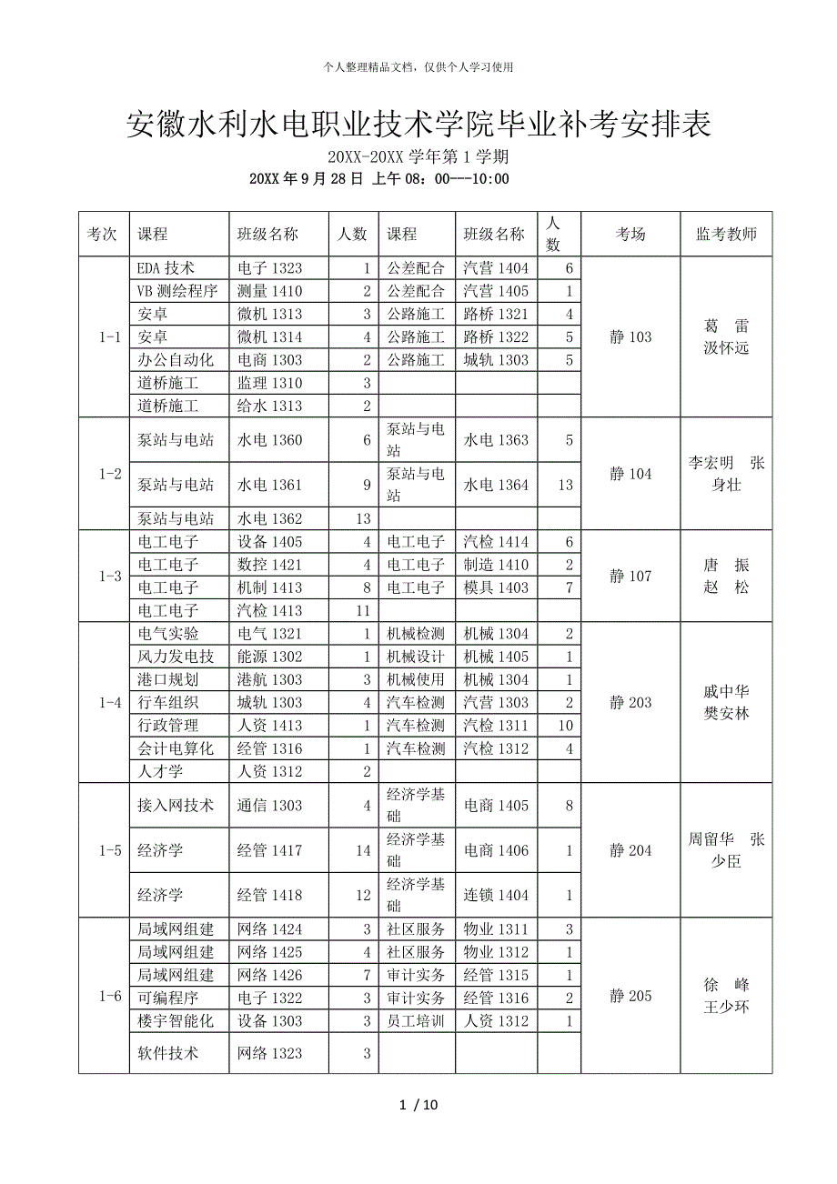 安徽XX职业技术学院毕业补考安排表_第1页