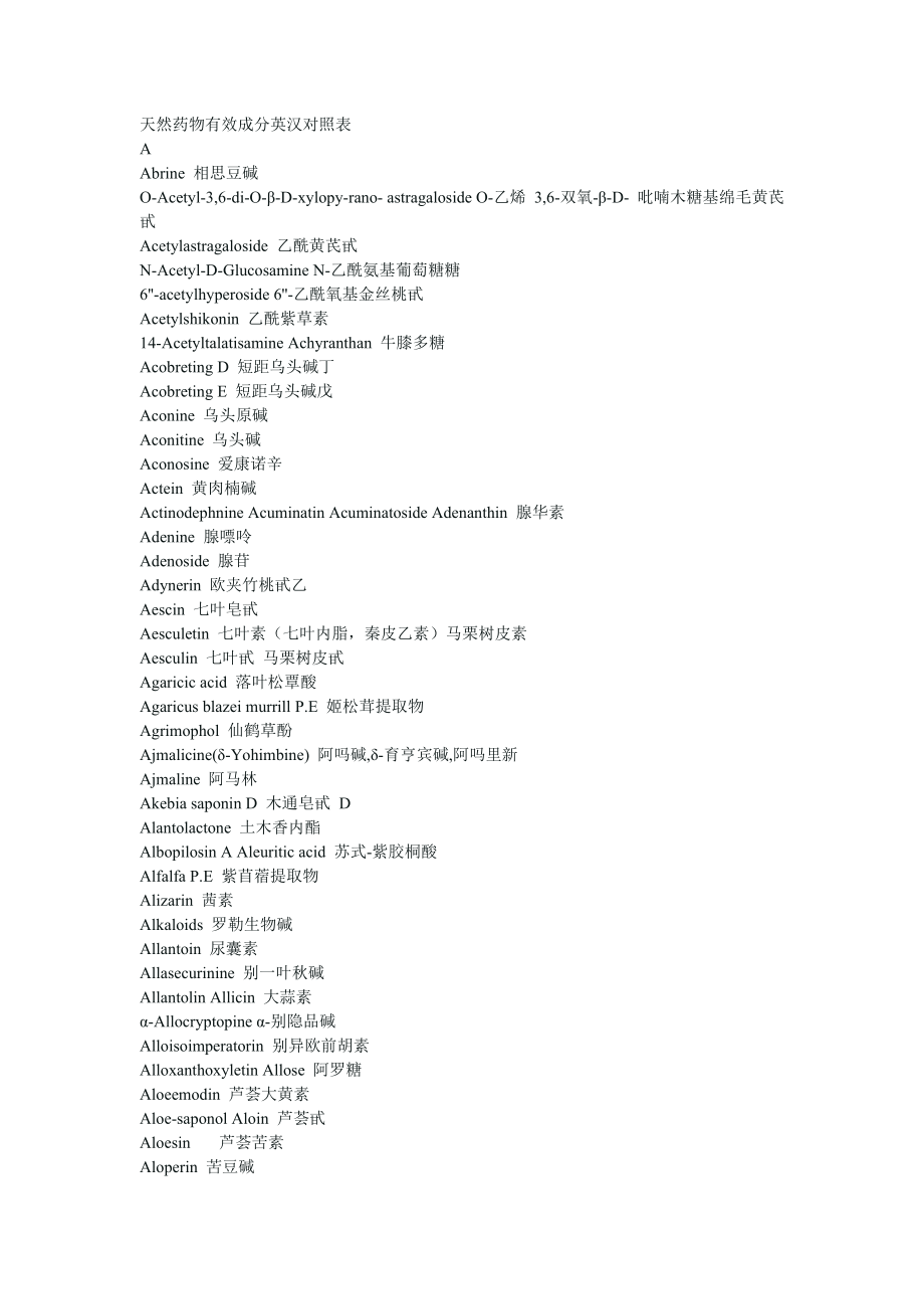 天然药物有效成分英汉对照表.doc_第1页