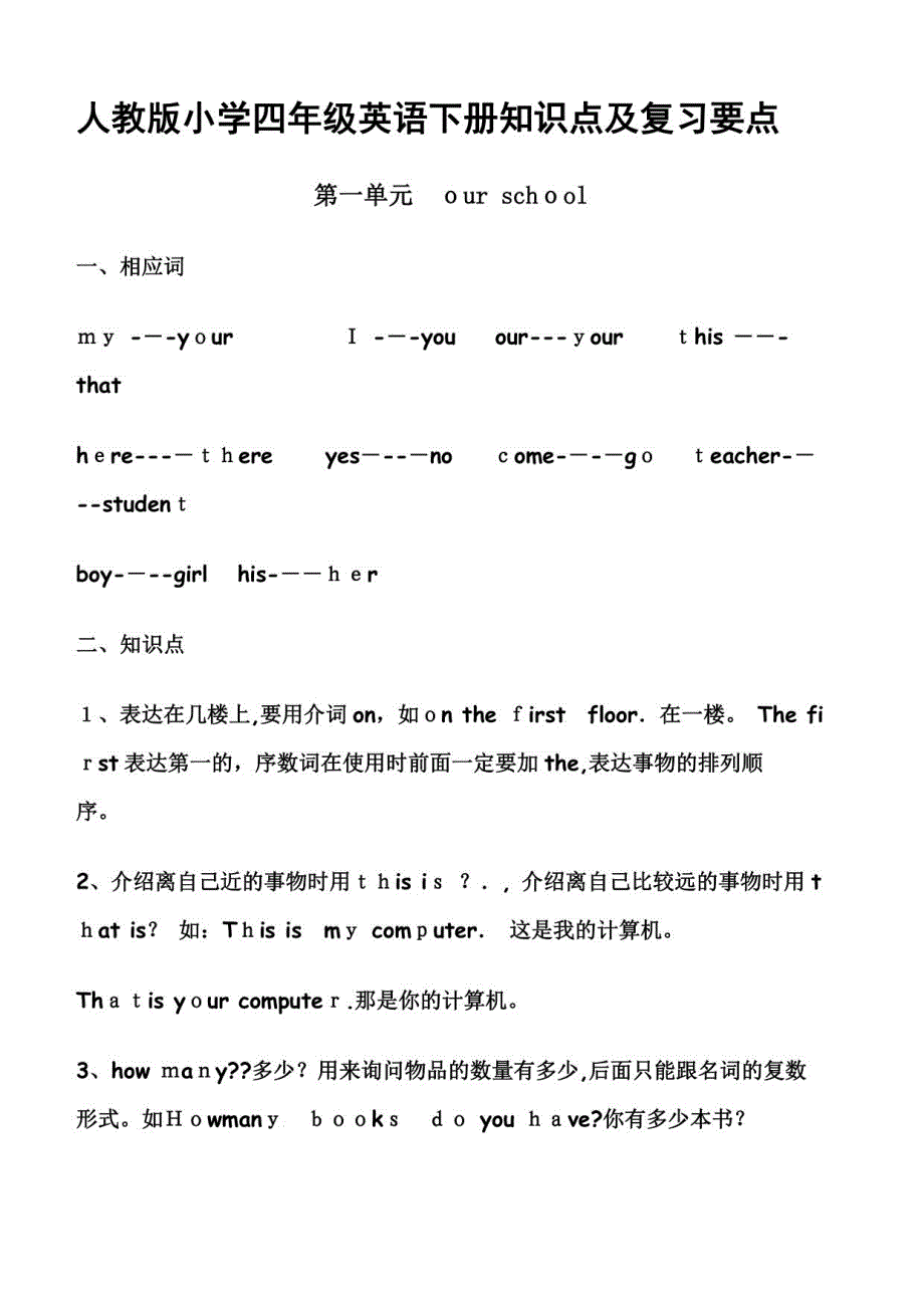 2023年人教版小学四年级英语下册知识点及复习要点_第1页