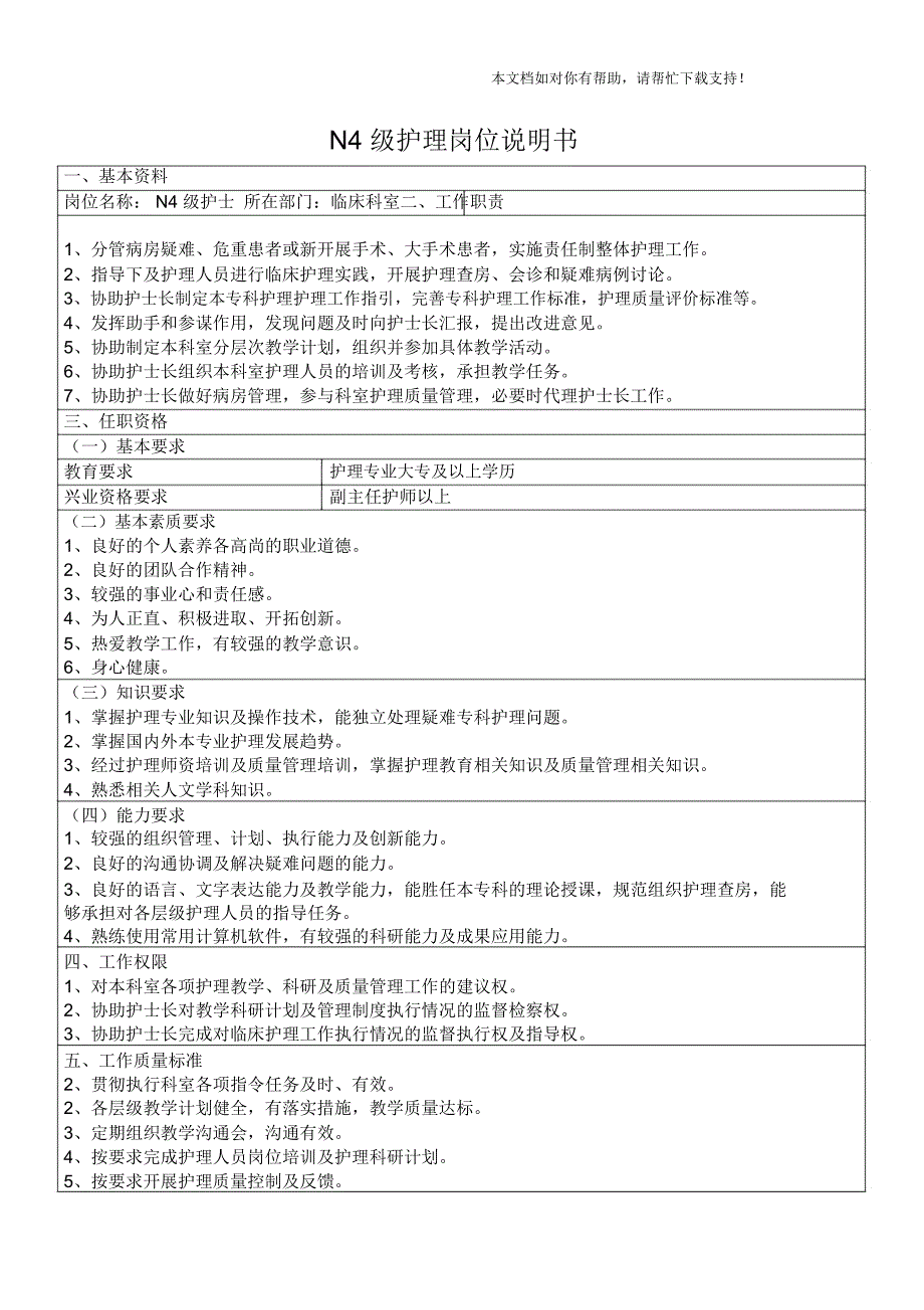 各层级N0N4护理岗位说明书_第1页