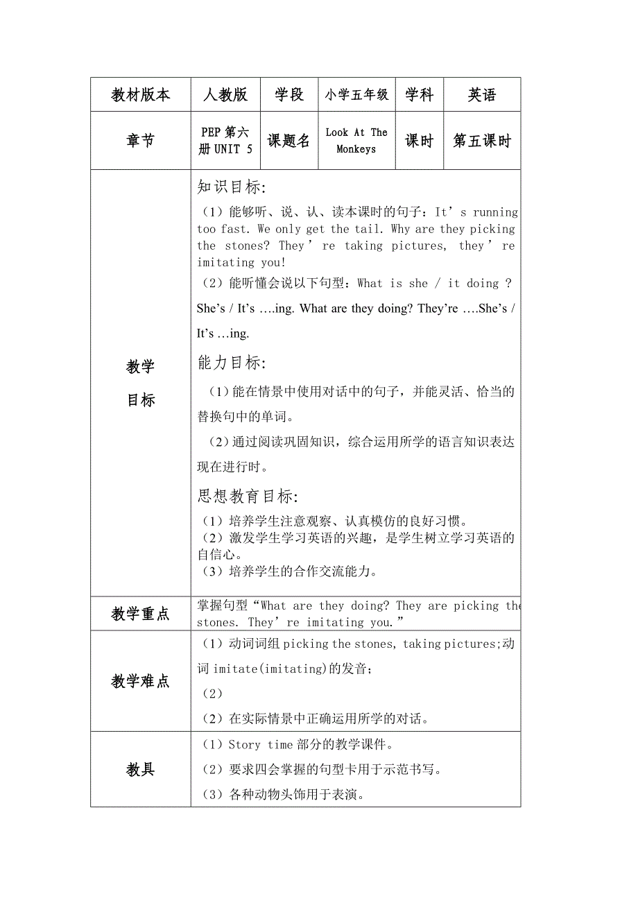 人教版小学英语五年级Look At The Monkeys五）教学设计_第1页