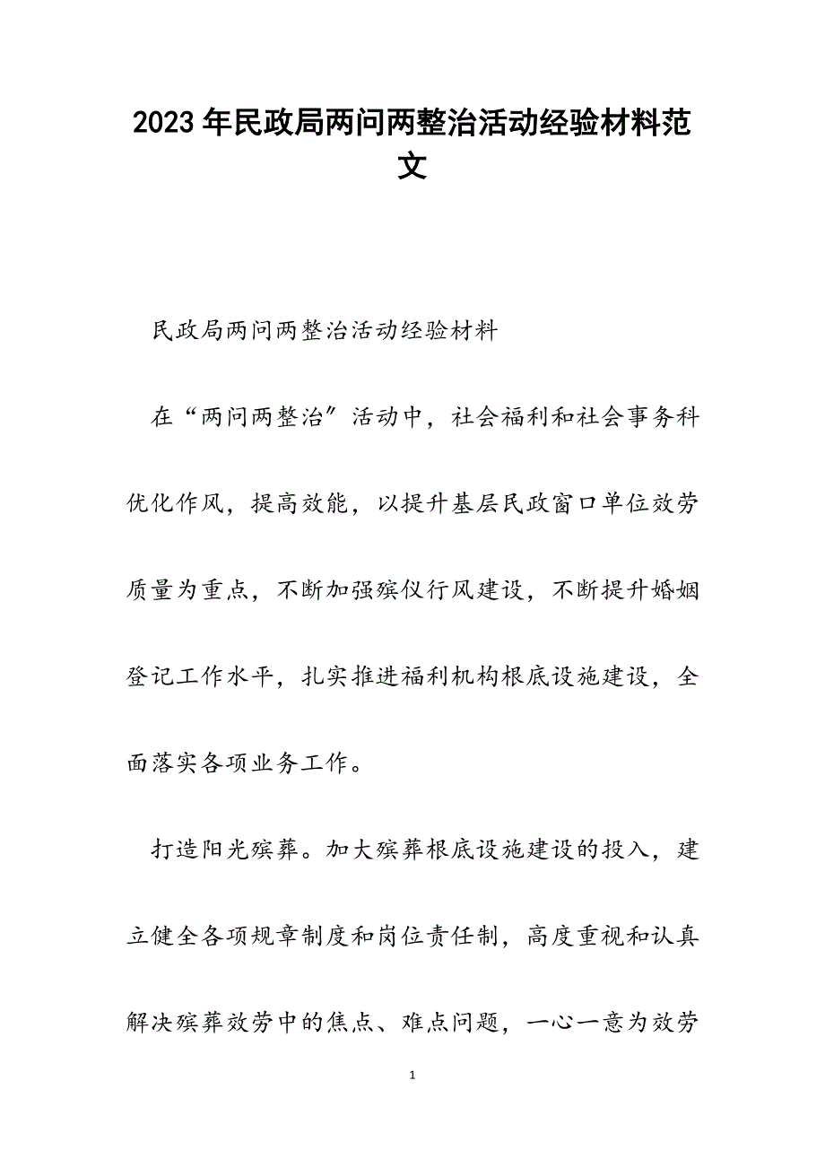 2023年民政局两问两整治活动经验材料.docx_第1页