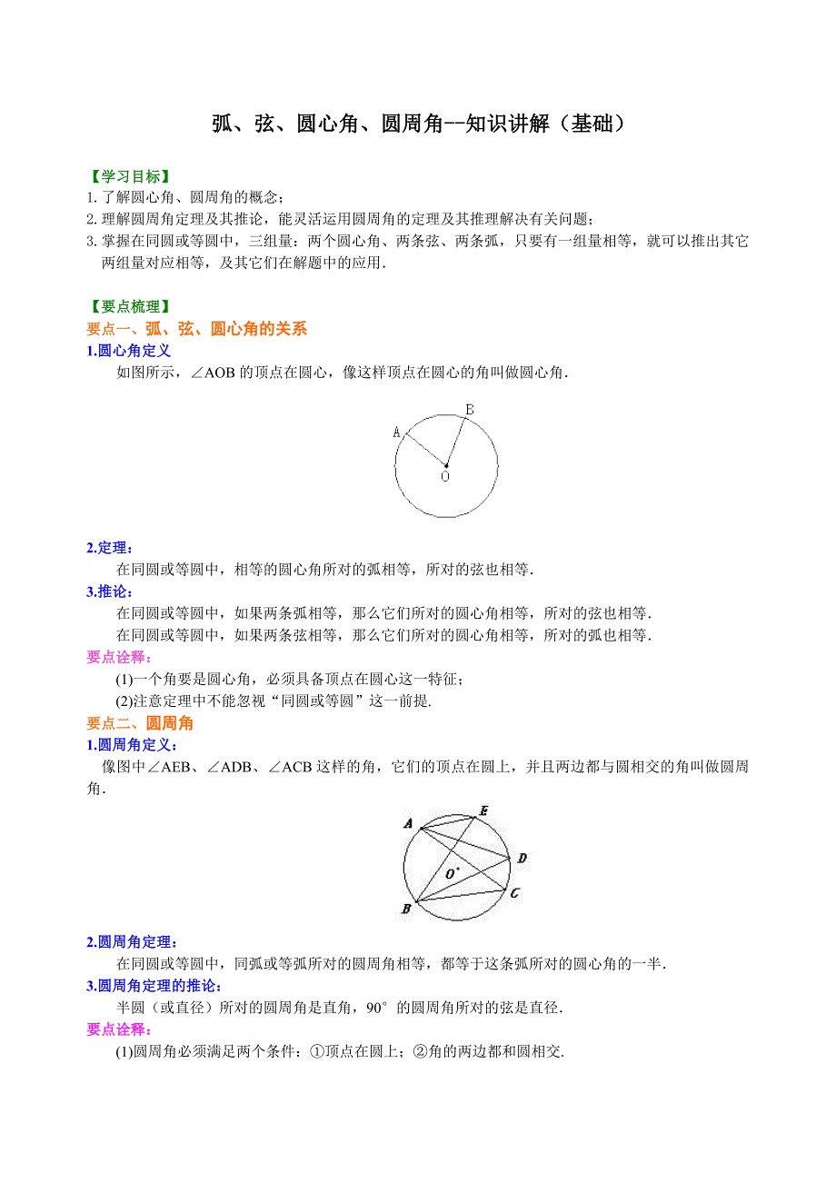 弧、弦、圆心角、圆周角--知识讲解(基础).doc_第1页