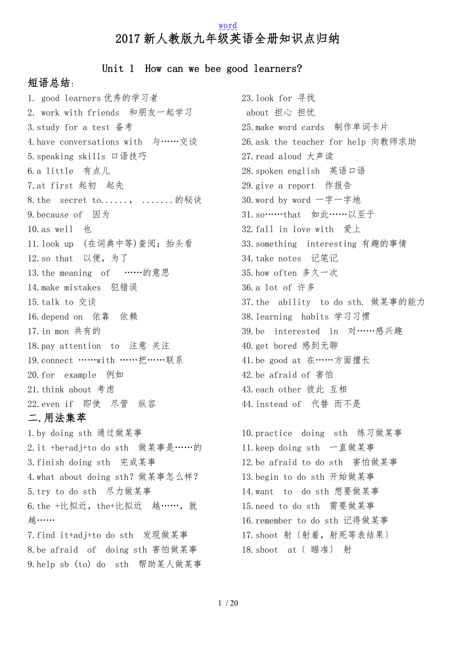 2017新人教版九年级英语（全册）知识点归纳_第1页