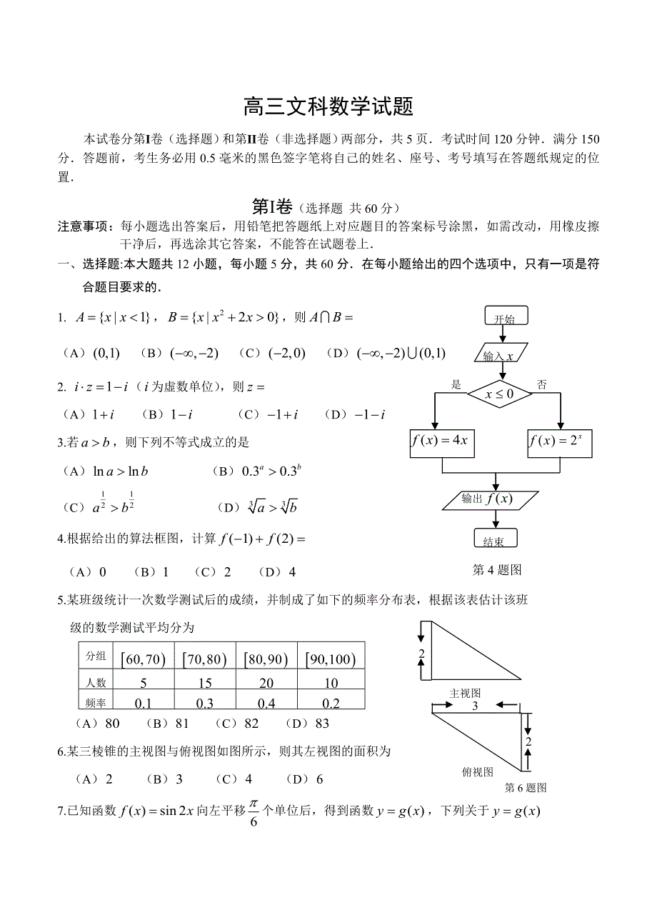 新版山东省威海市高三下学期第一次模拟考试数学文试题及答案_第1页