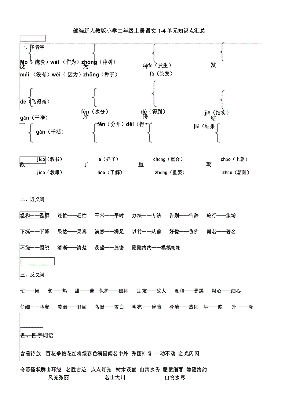 部编新人教版小学二年级上册语文1-4单元知识点汇总_第1页